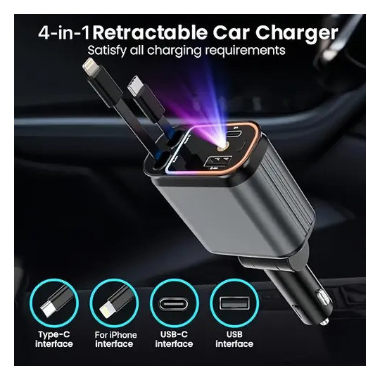 Cargador de Coche Retráctil 4-en-1 66W con Luz LED Ambiente Cargador de Coche Retráctil 4-en-1 66W con Luz LED Ambiente
