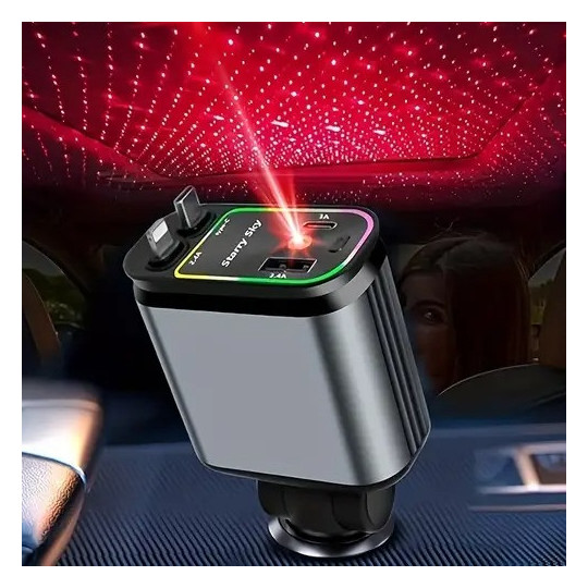 Cargador de Coche Retráctil 4-en-1 66W con Luz LED Ambiente Cargador de Coche Retráctil 4-en-1 66W con Luz LED Ambiente