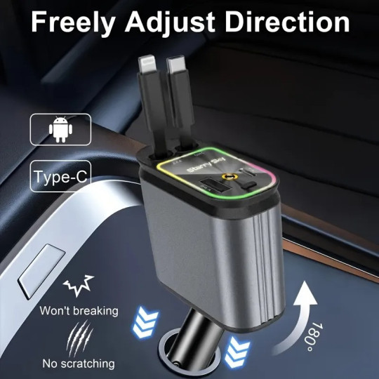 Cargador de Coche Retráctil 4-en-1 66W con Luz LED Ambiente Cargador de Coche Retráctil 4-en-1 66W con Luz LED Ambiente