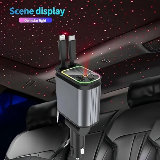 Cargador de Coche Retráctil 4-en-1 66W con Luz LED Ambiente Cargador de Coche Retráctil 4-en-1 66W con Luz LED Ambiente