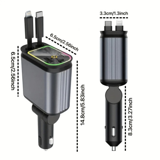Cargador de Coche Retráctil 4-en-1 66W con Luz LED Ambiente Cargador de Coche Retráctil 4-en-1 66W con Luz LED Ambiente