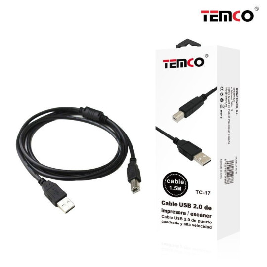 Cable Impresora 1.5m USB 2.0 TC-17 – Conexión Estable y Rápida Cable Impresora 1.5m USB 2.0 TC-17 – Conexión Estable y Rápida